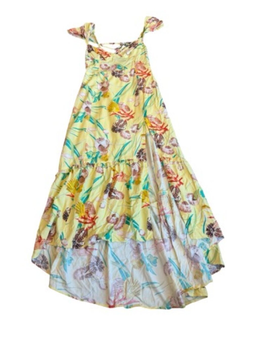 Urban Outfitters Yellow Coastal Shell Print Tiered Maxi Dress Knot Small Women's